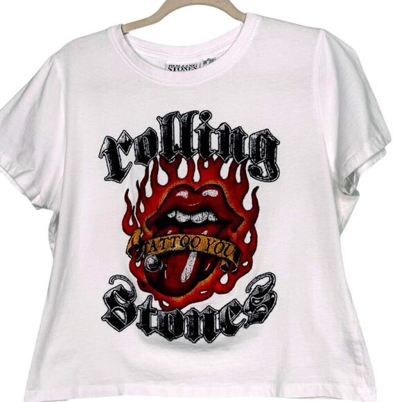 The Rolling Stones White Flaming Tattoo Tongue Short Sleeve T-shirt Size L - Picture 1 of 6